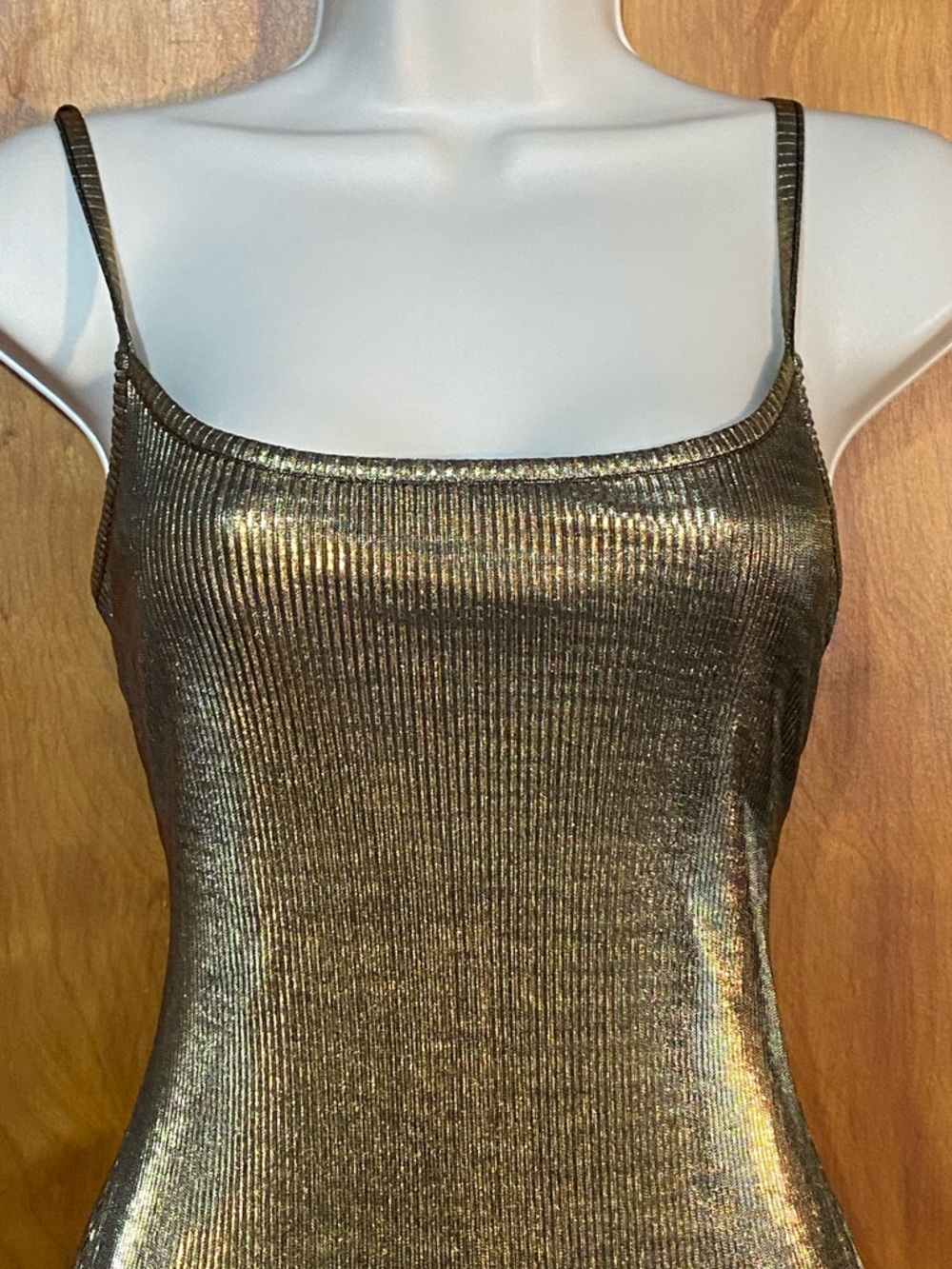 NWOT “BooHoo Night” party slip dress, metallic gold over black ribbed stretch, 4 - Picture 2 of 10
